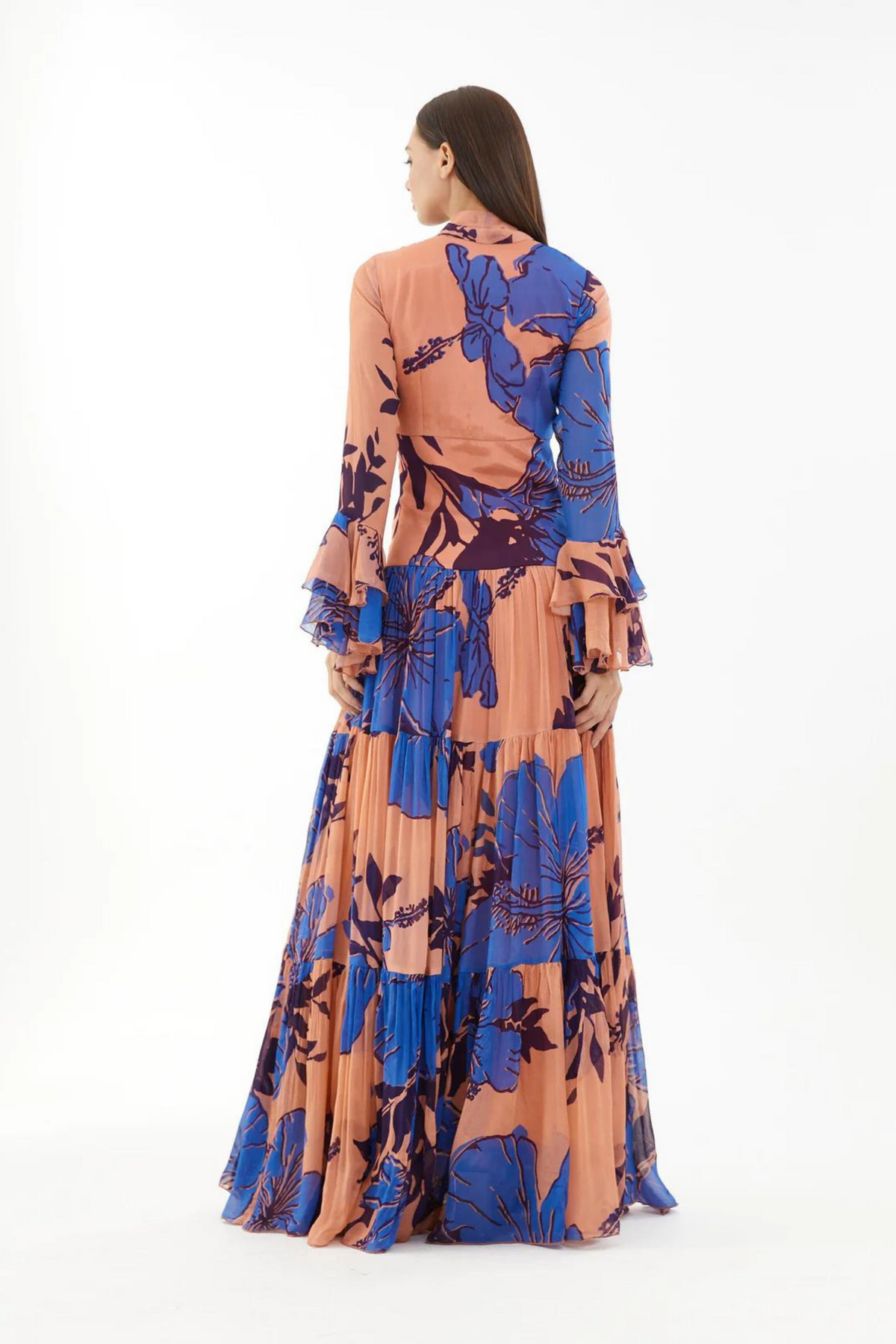 Blue And Orange Floral Long Dress