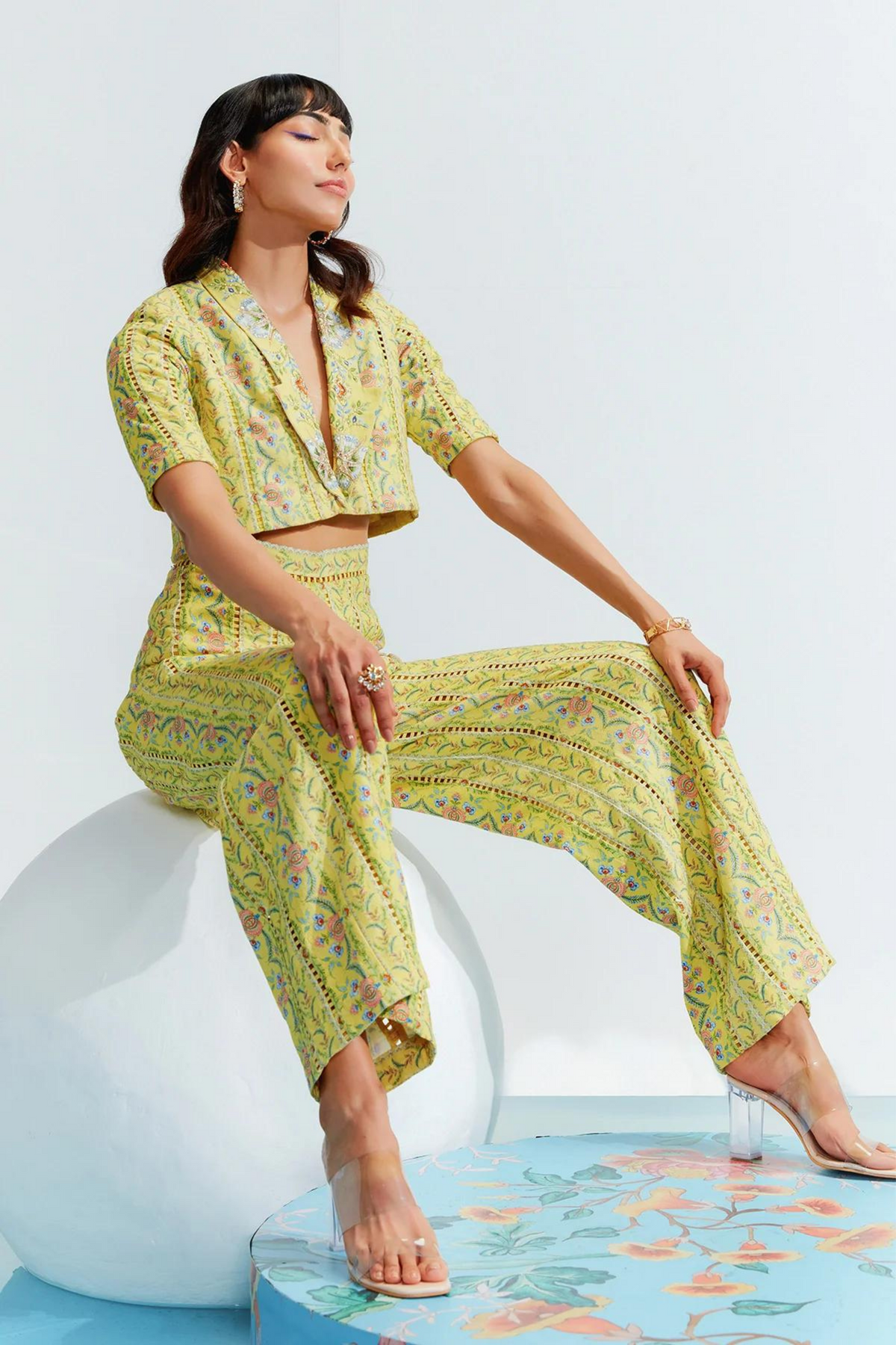 Iara Yellow Embroidered Pant Set
