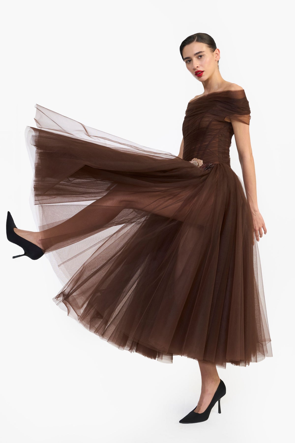 Off Shoulder Draped Tulle Midi