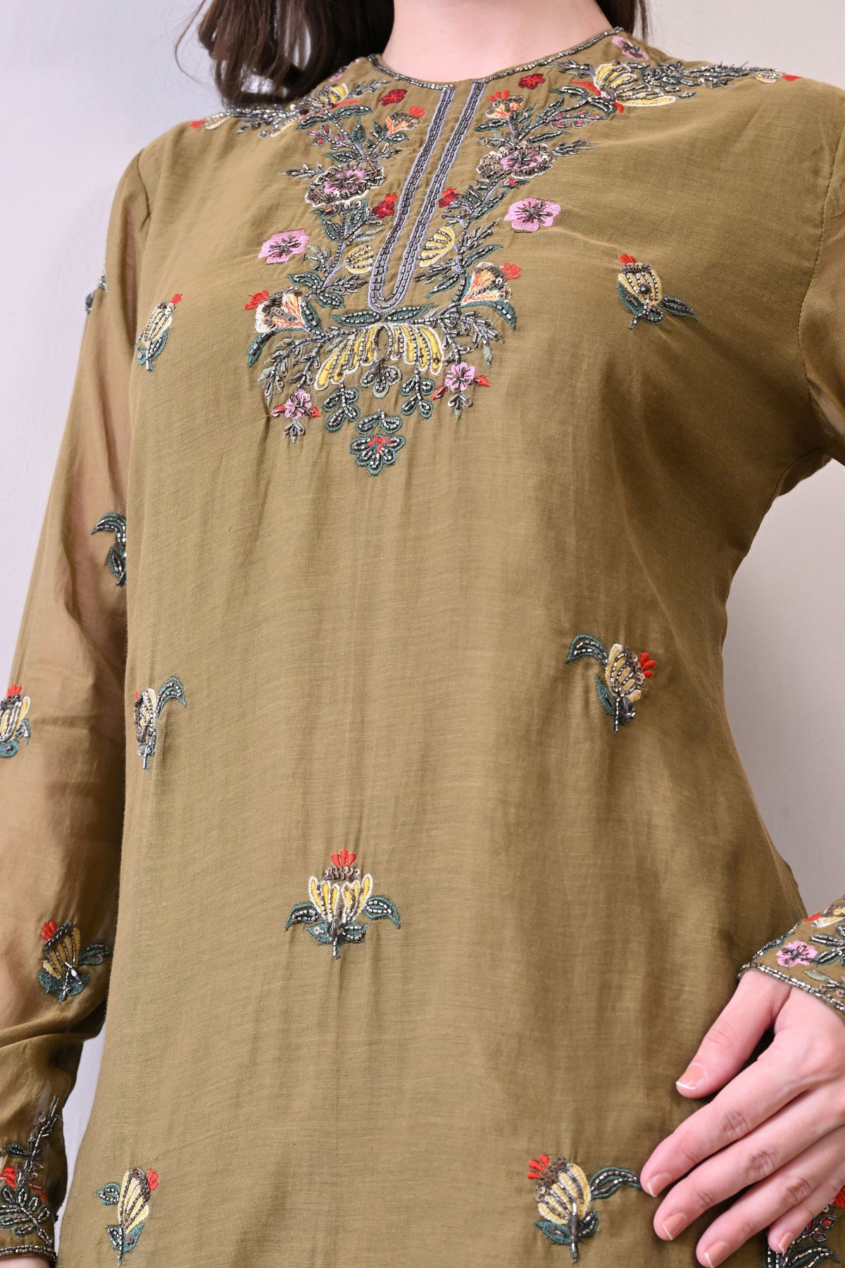 Olive Zardozi Embroidered Sharara Set