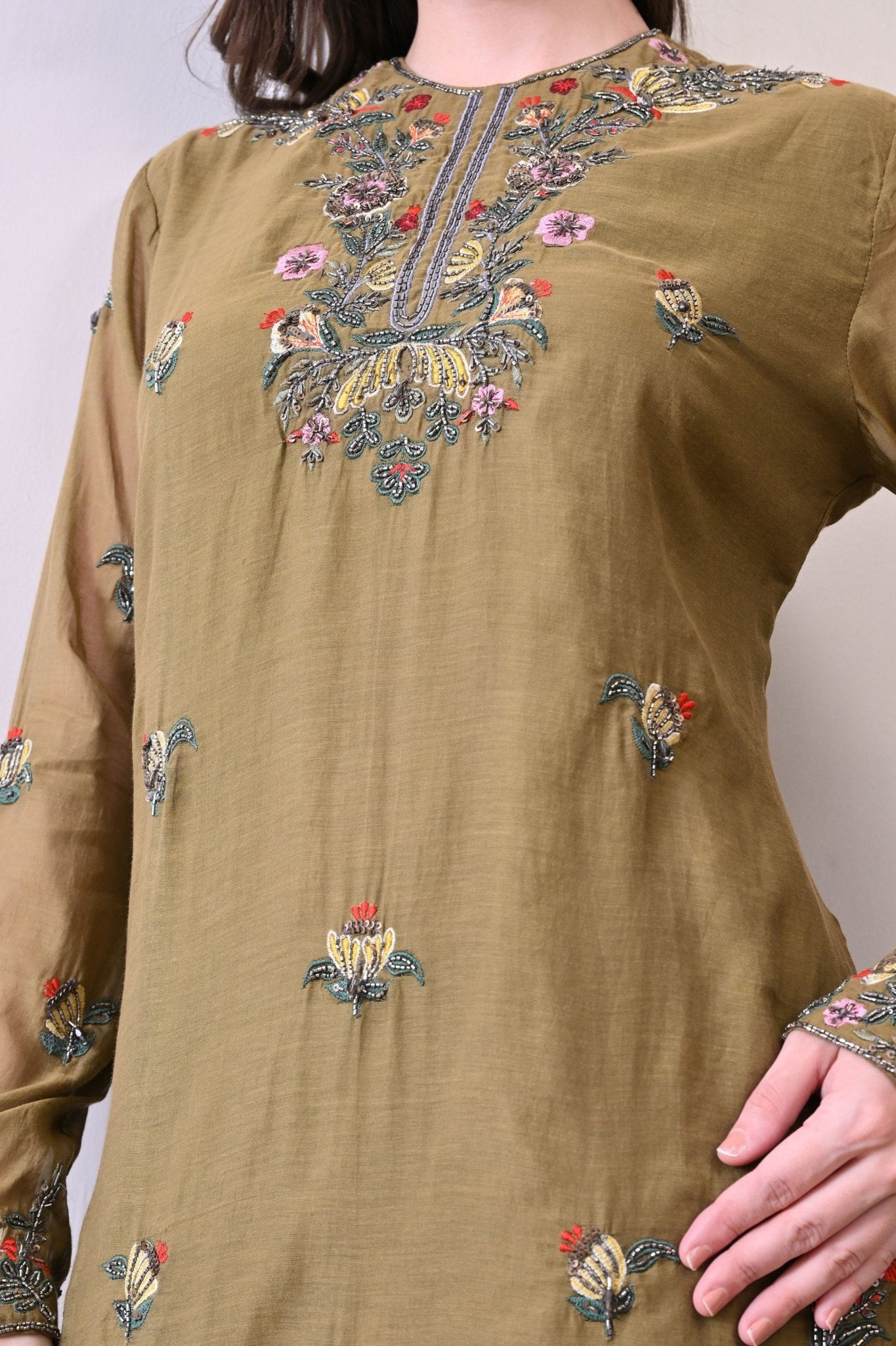 Olive Zardozi Embroidered Sharara Set - Samant Chauhan - Elahe