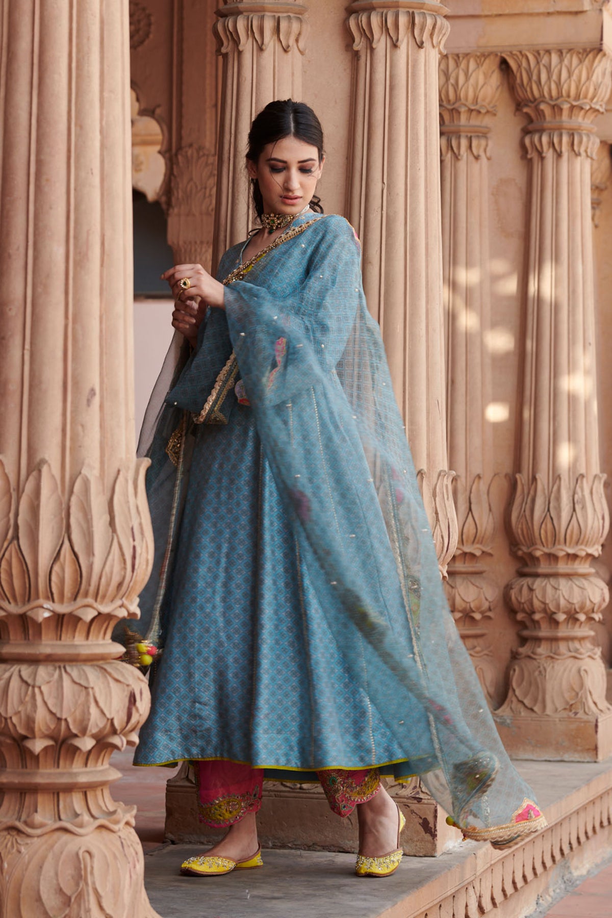 Zahra Printed Powder Blue Side Kali Anarkali Set