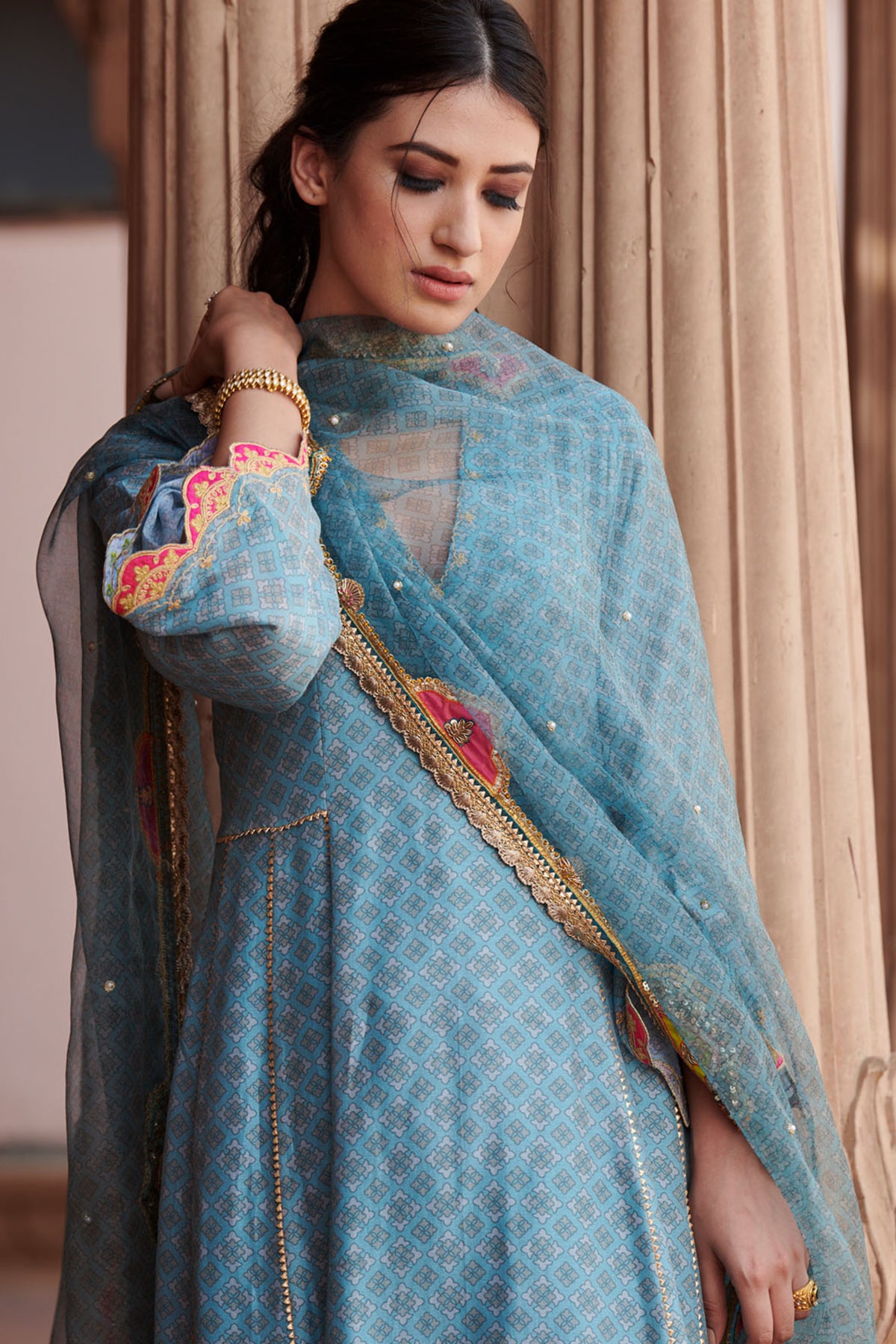 Zahra Printed Powder Blue Side Kali Anarkali Set