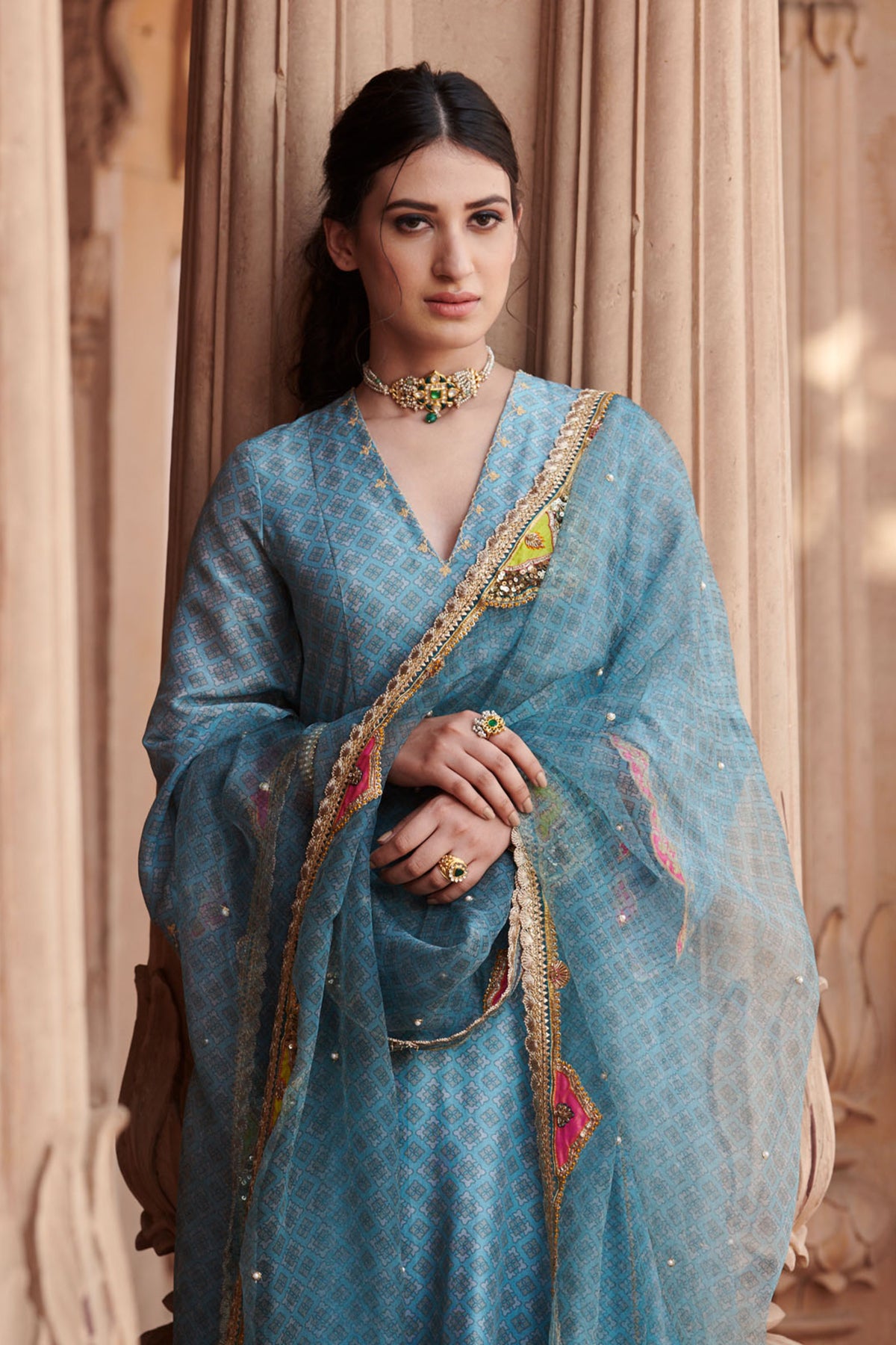 Zahra Printed Powder Blue Side Kali Anarkali Set