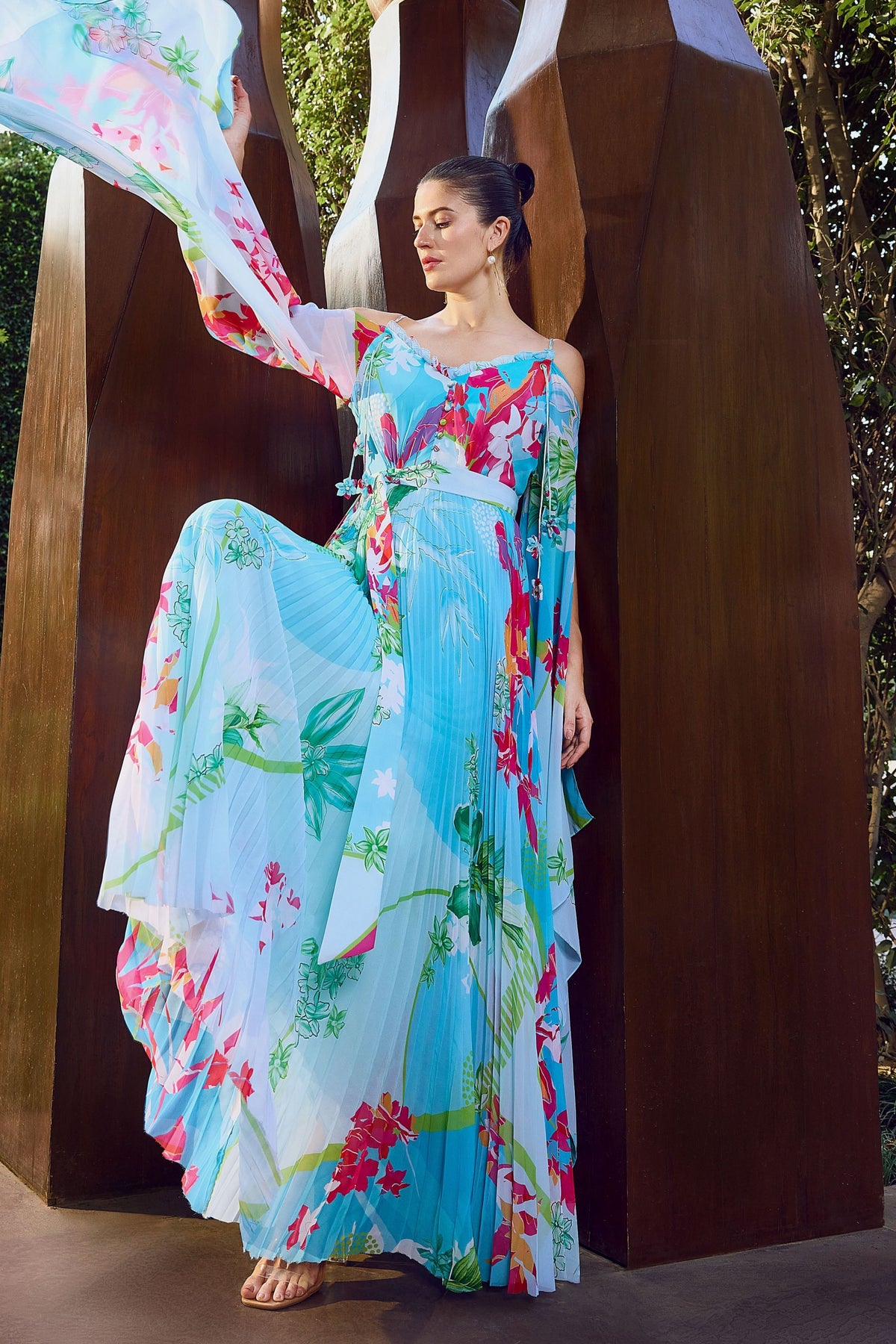 Deep V-neck Heat Pleat Maxi Dress