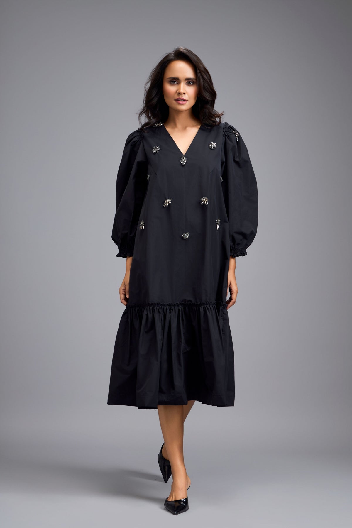 Long Gathered Embellished  Dress