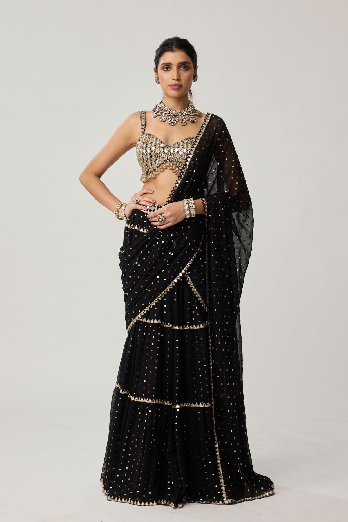 Black Multi-tier Saree Set