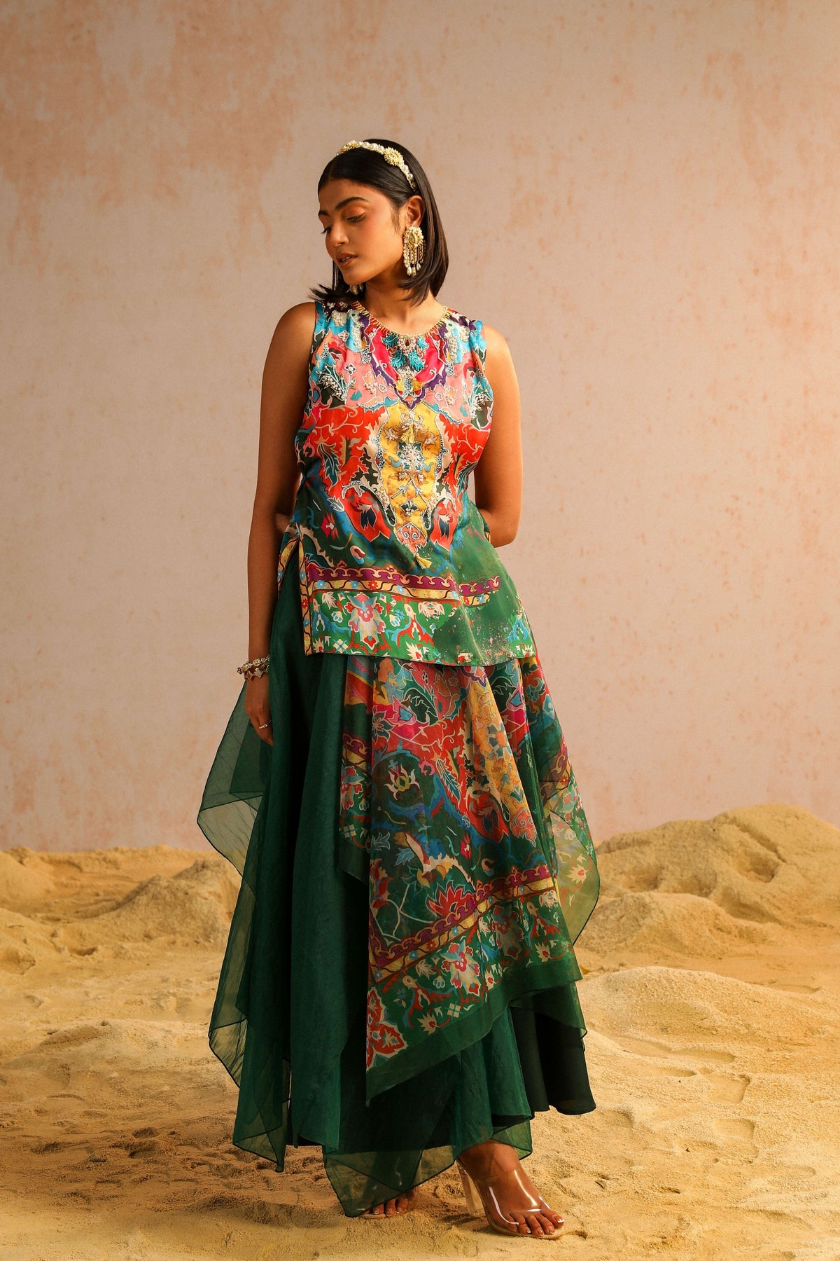 Green Kurti With Layered Skirt