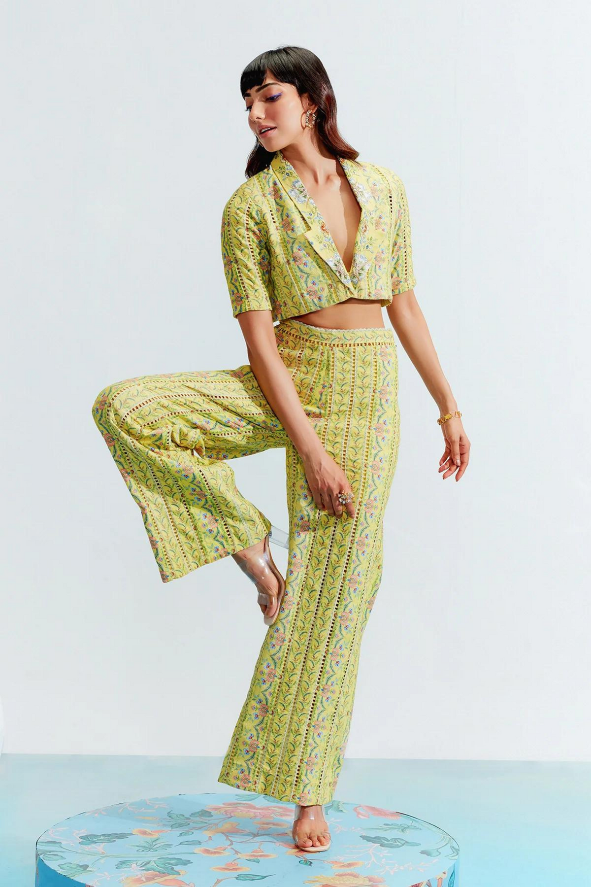 Iara Yellow Embroidered Pant Set