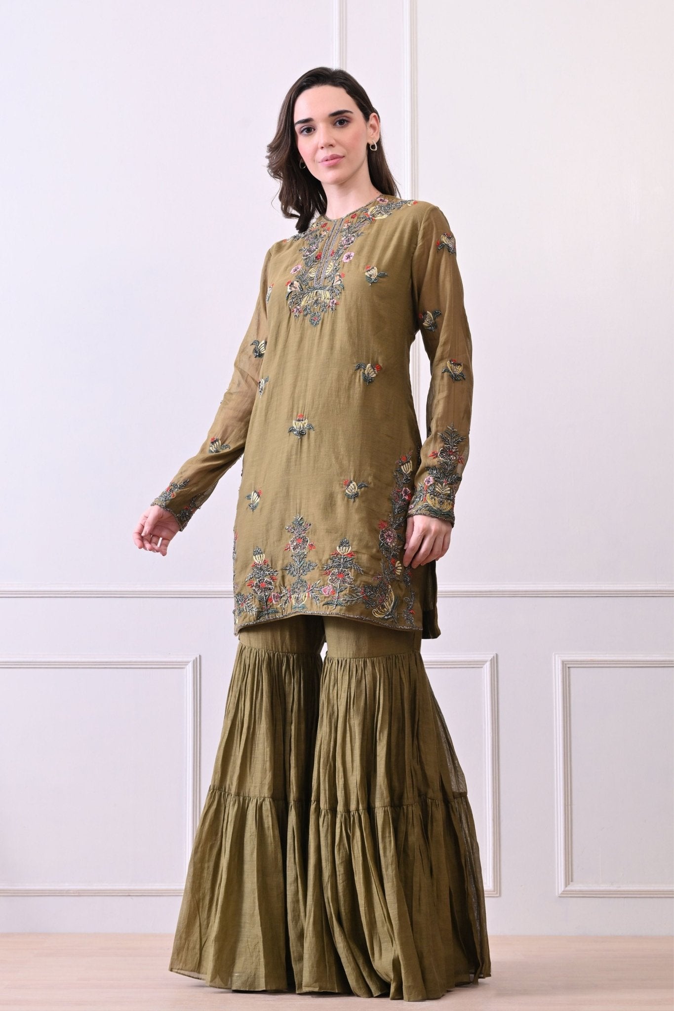 Olive Zardozi Embroidered Sharara Set - Samant Chauhan - Elahe