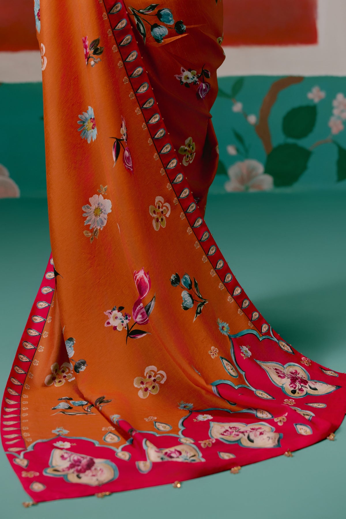 Tangerine and Fuschia Floral Saree