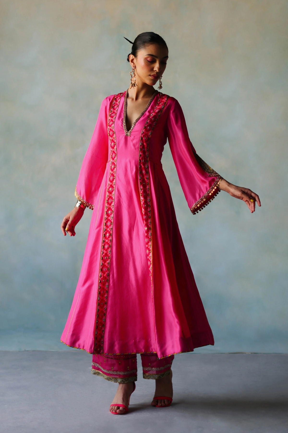 Gul Hot Pink Side Kali Silk Kurta Set