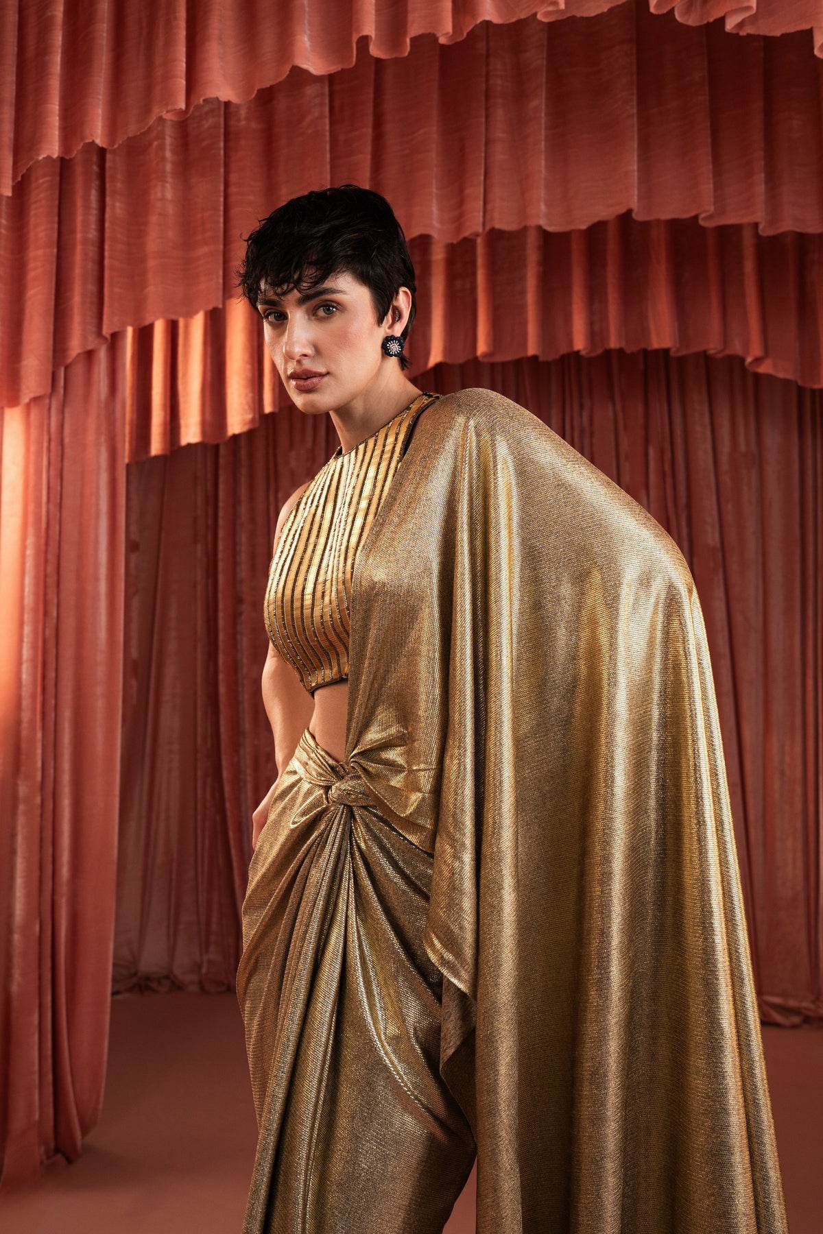 Gold Foil Draped Saree Set