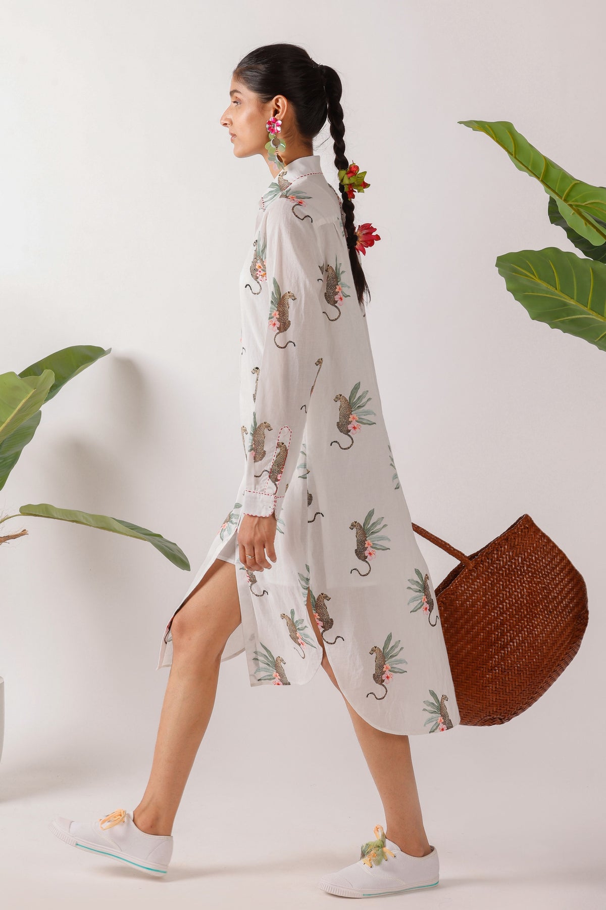 Embroidered Leopard Print Shirt Dress