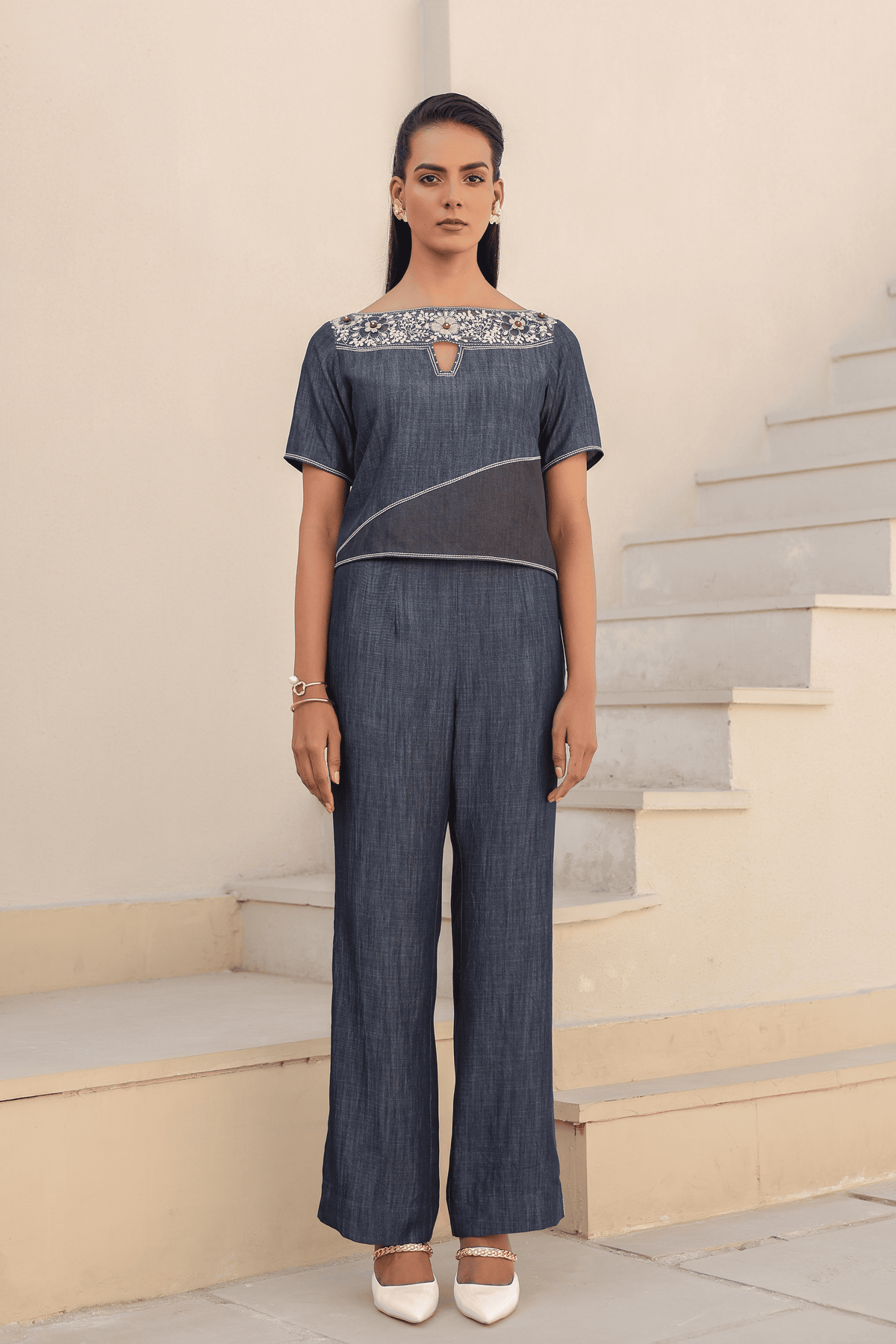Azure Boat Neck Co-ord Set in Dark Blue