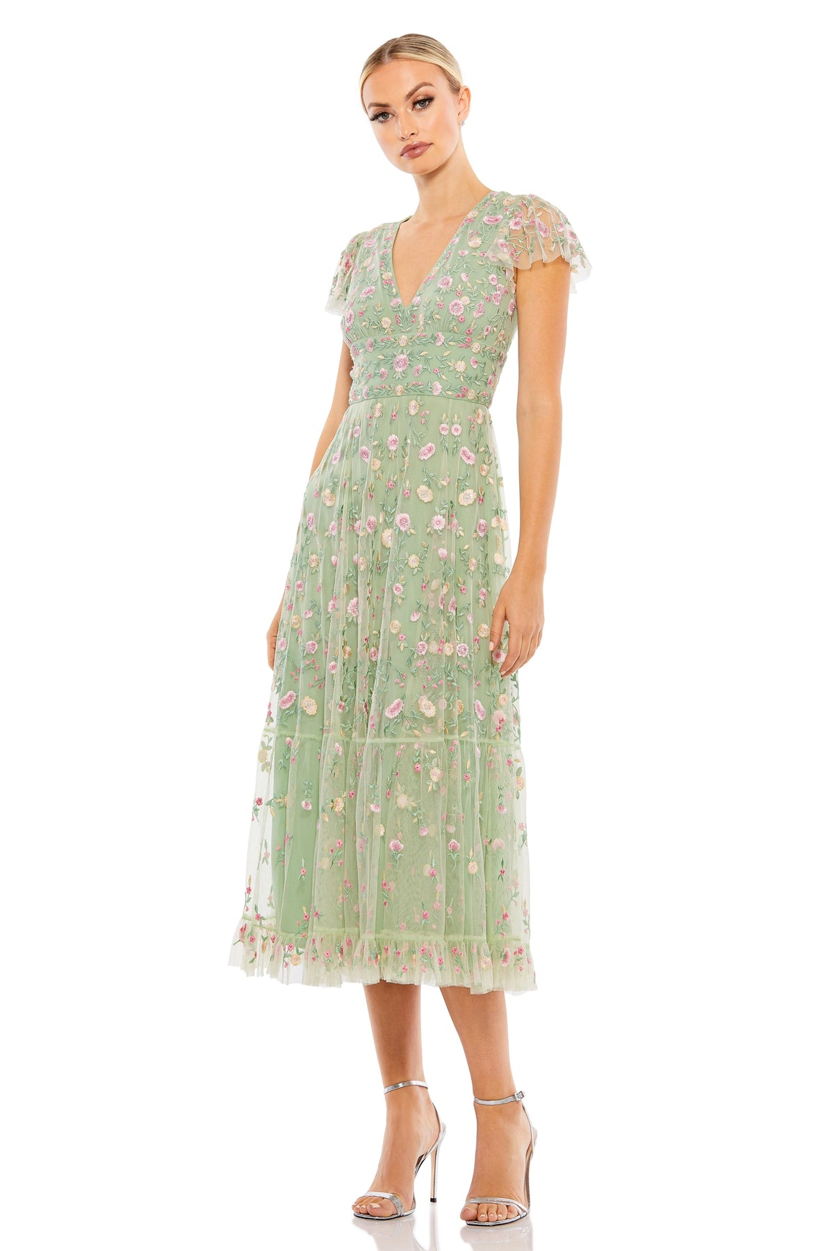 V Neck Short Ruffled Sage Dress