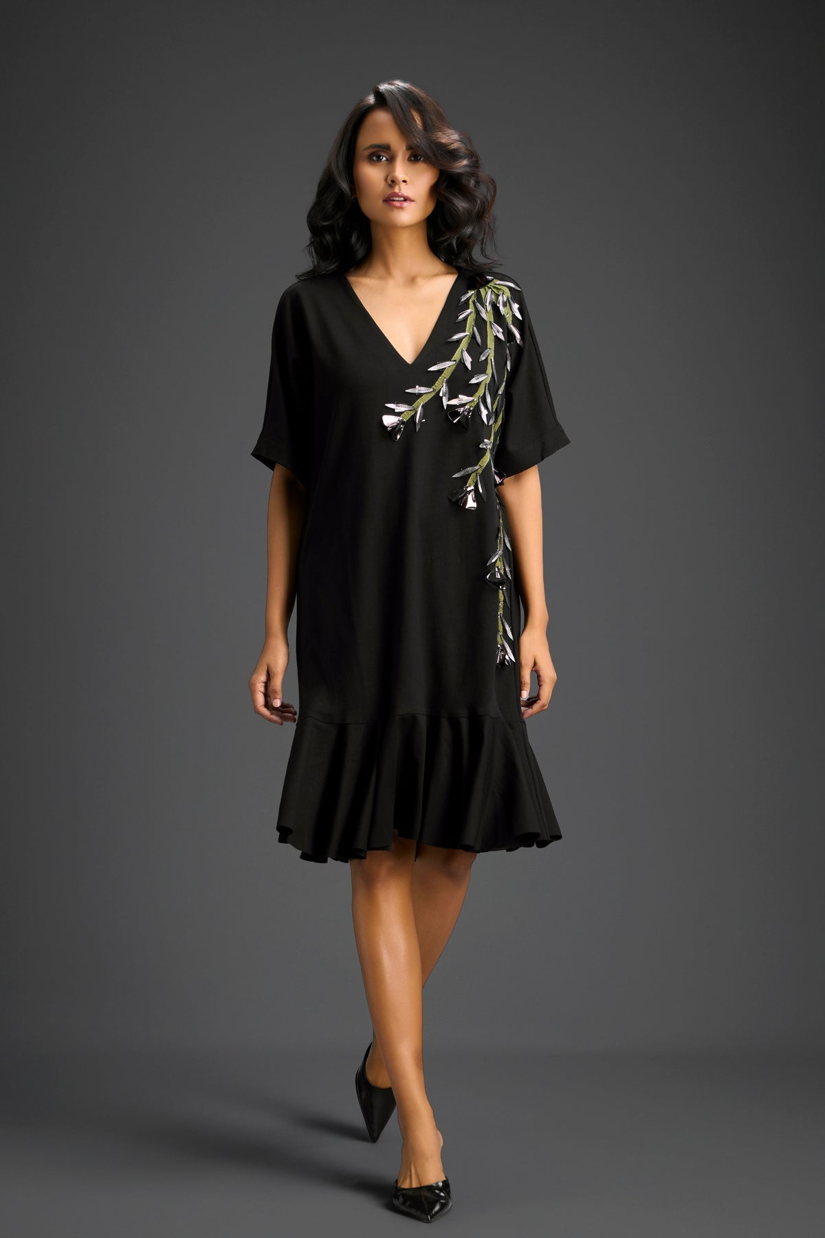 Black V-neck Embroidery Dress