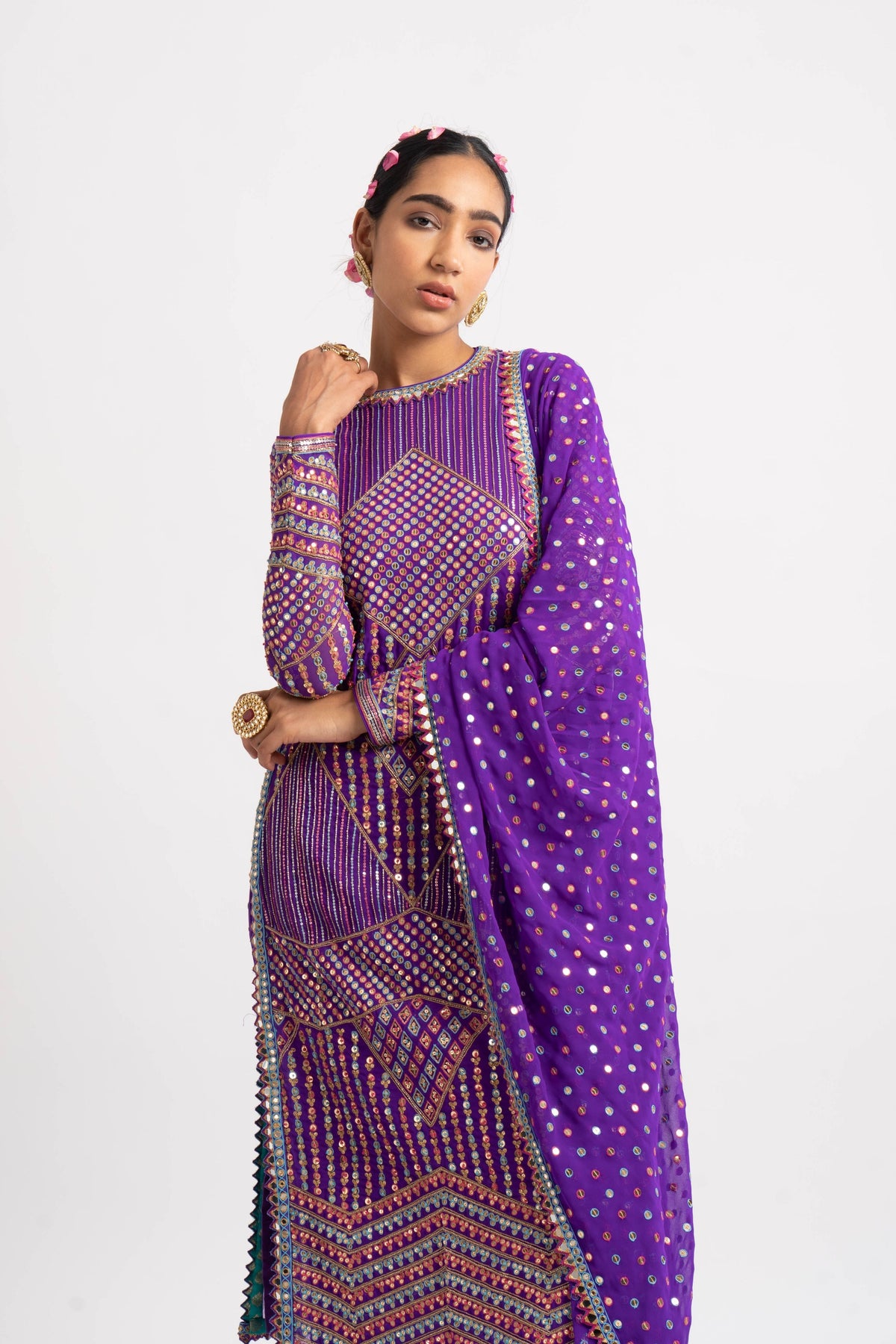 Purple multi embroidery kurta set