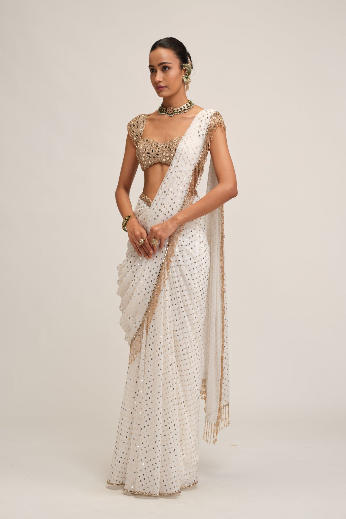 Off White Draped Saree Set