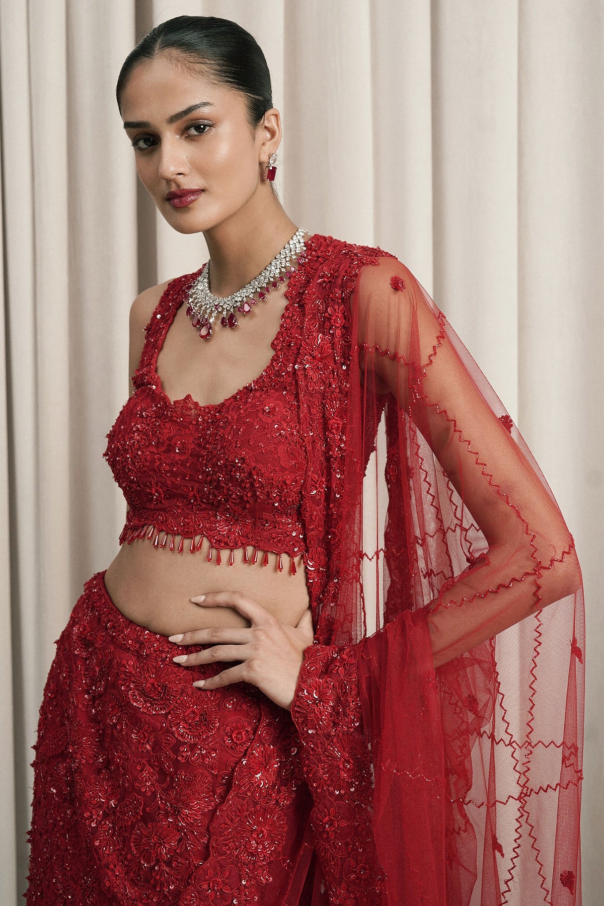Red Chantilly Lace Lehenga Set