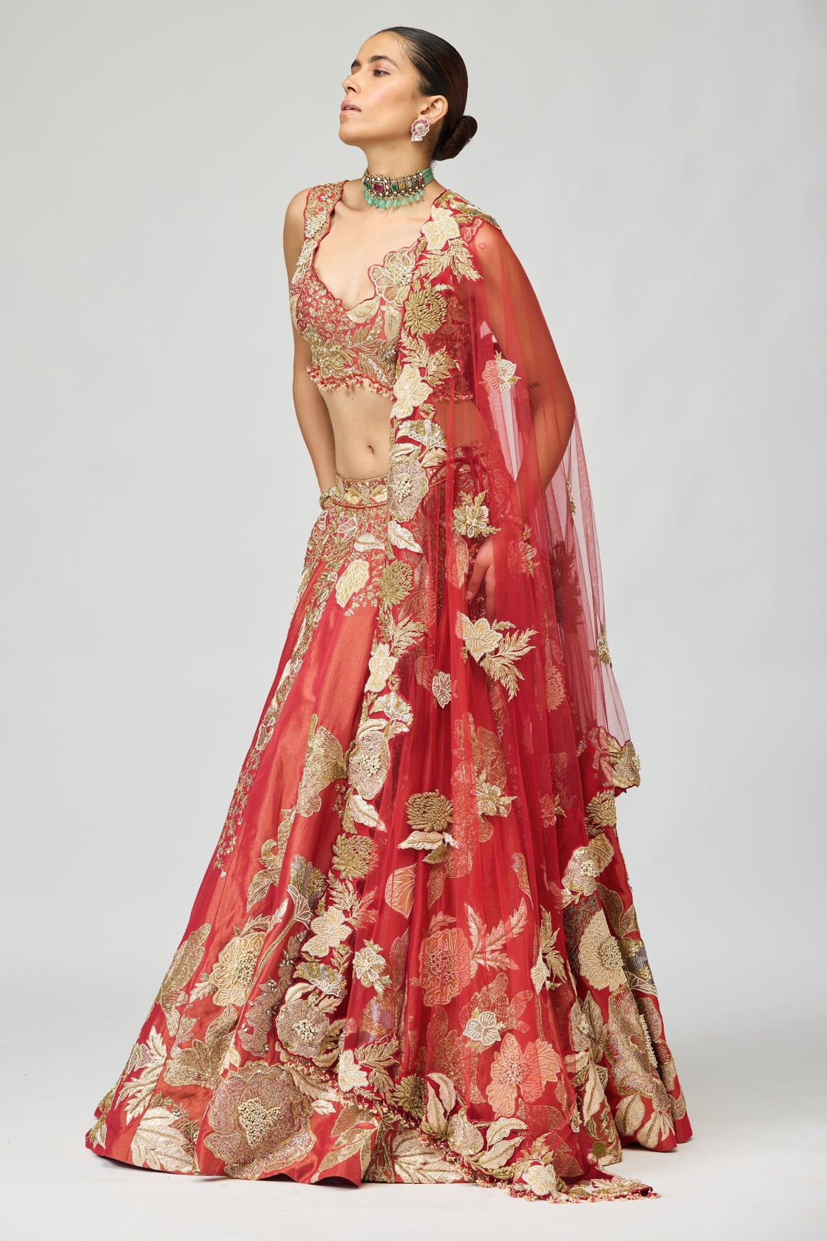 Red & Gold Zari Dabka Embellished Lehenga Set