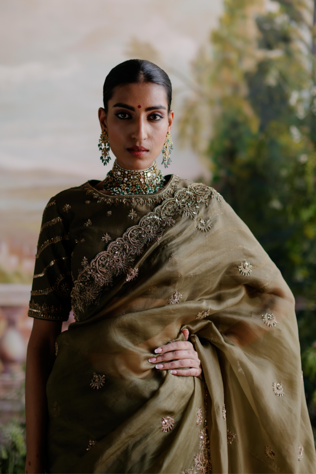 Olive Green Saree Set