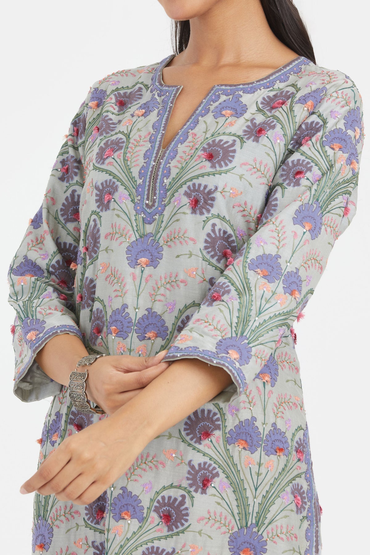Appliqué Floral Bluish Grey Kurta