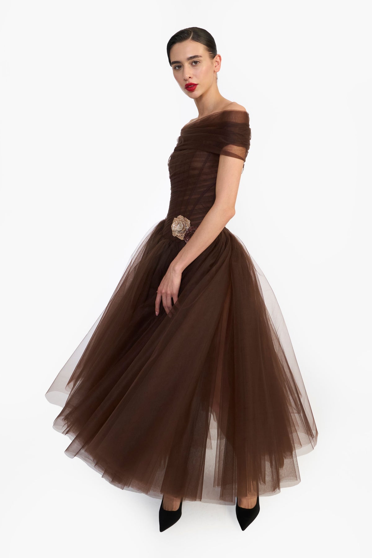 Off Shoulder Draped Tulle Midi
