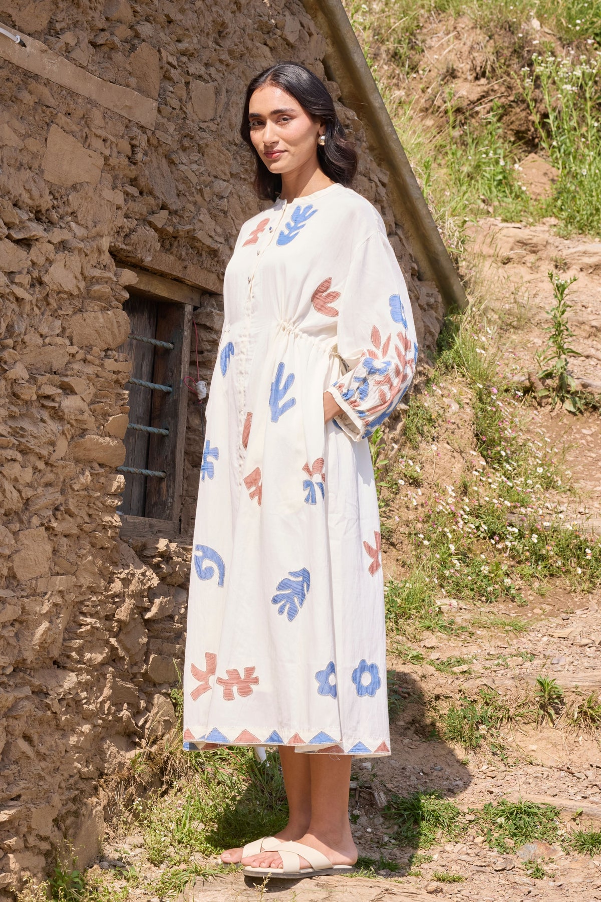 Waist Tie Hand Appliqué Dress