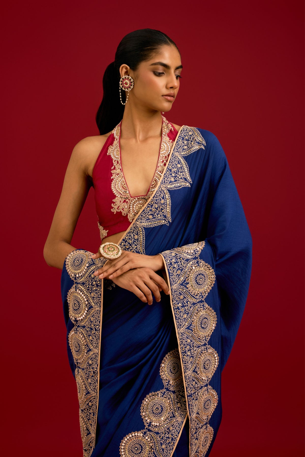 Navy Blue Silk Saree Set