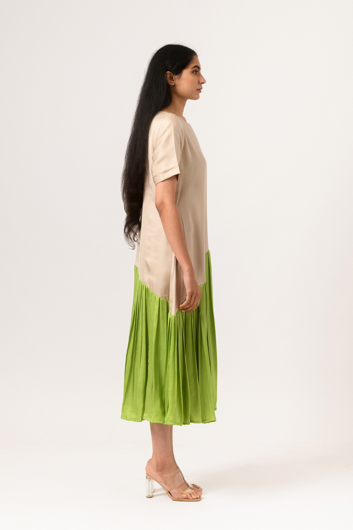 Ecru green gather dress