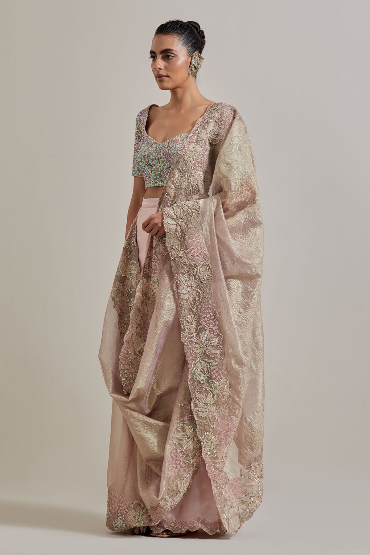 Pink Glimmer Drape Saree Set