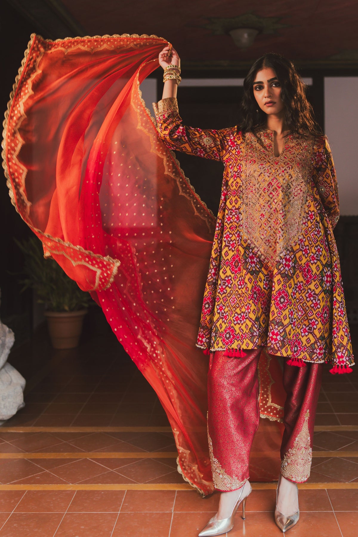 Rust With Red Gul Dupatta