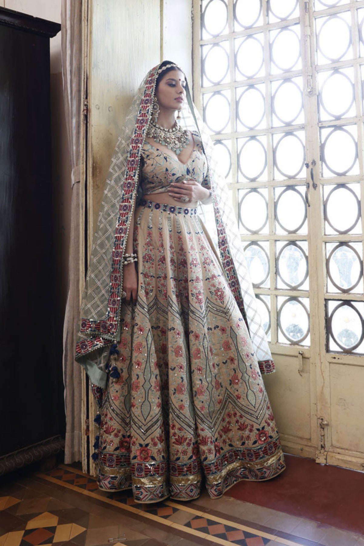 Beige Lehenga with Beige Choli and Sage Dupatta