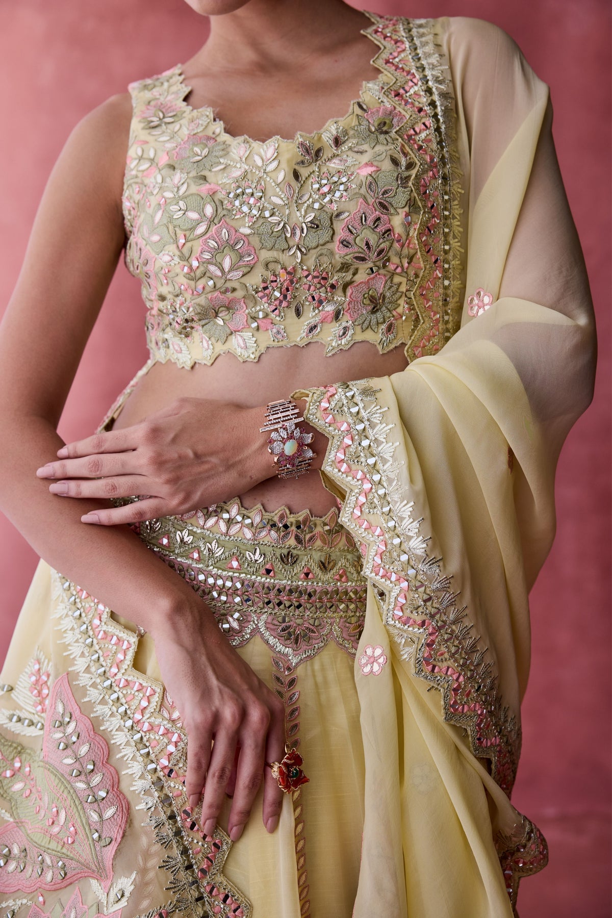 Yellow Mirror Work Lehenga Set