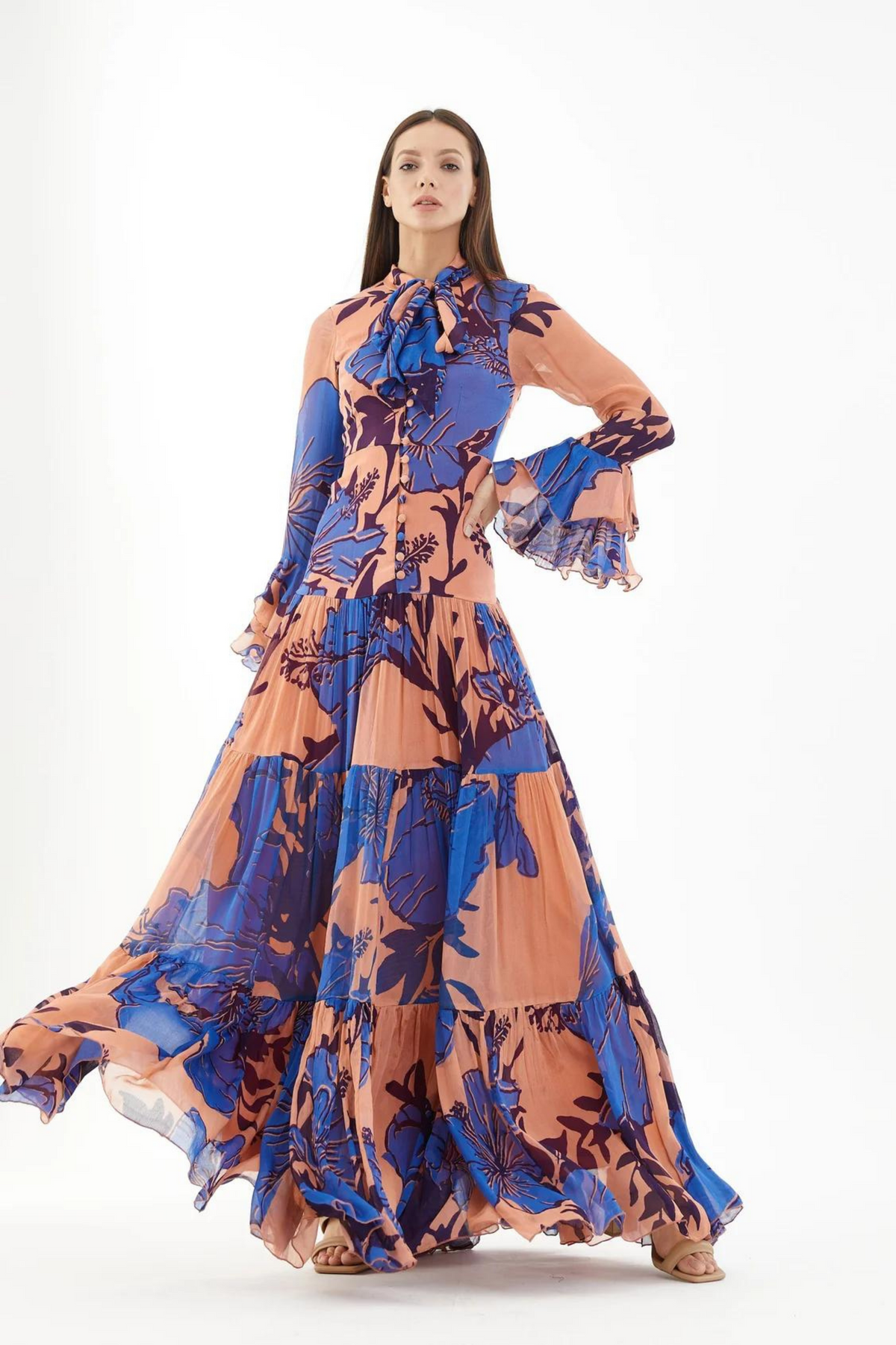 Blue And Orange Floral Long Dress