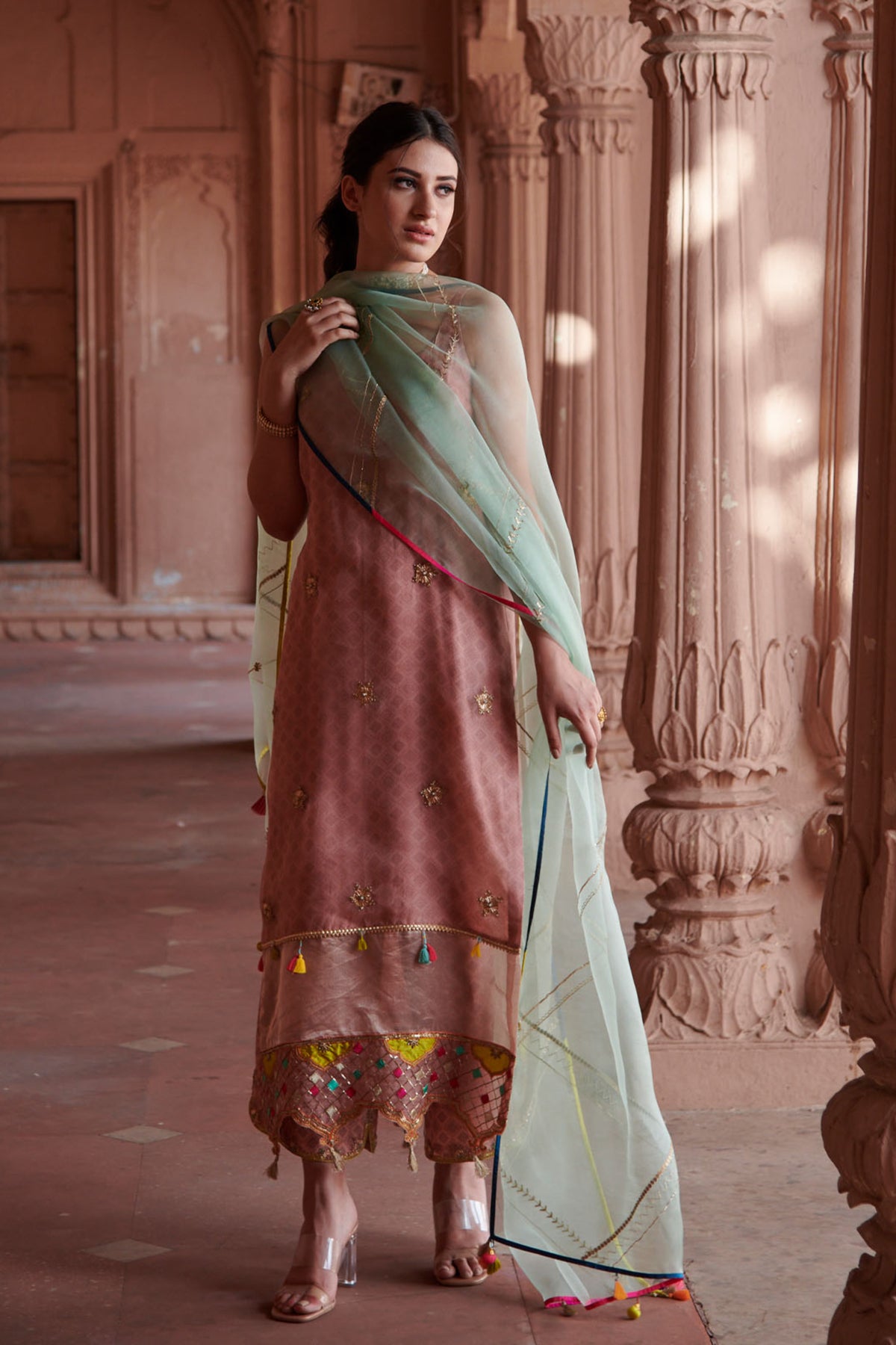 Zahra Nude Pink Printed Organza Panel Kurta Set