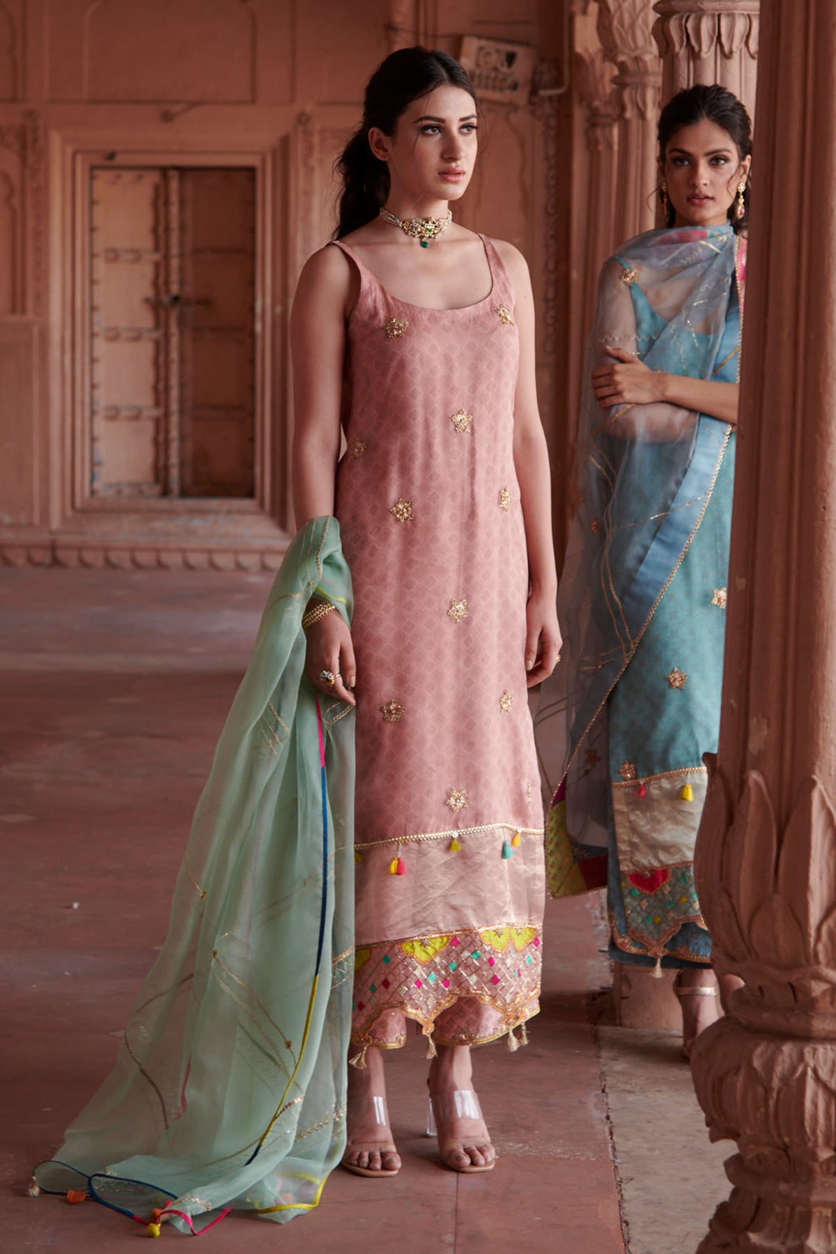 Zahra Nude Pink Printed Organza Panel Kurta Set