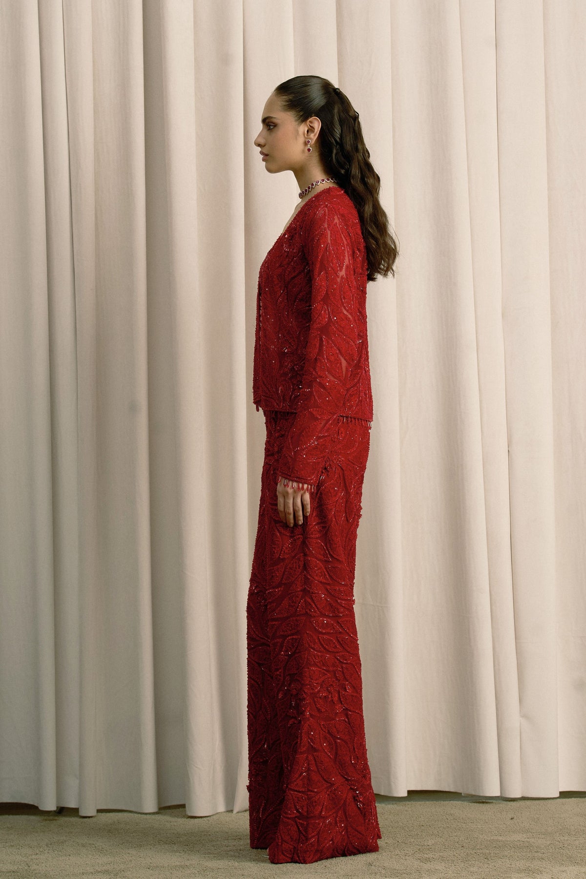 Red Foliage Embroidered Jacket Set