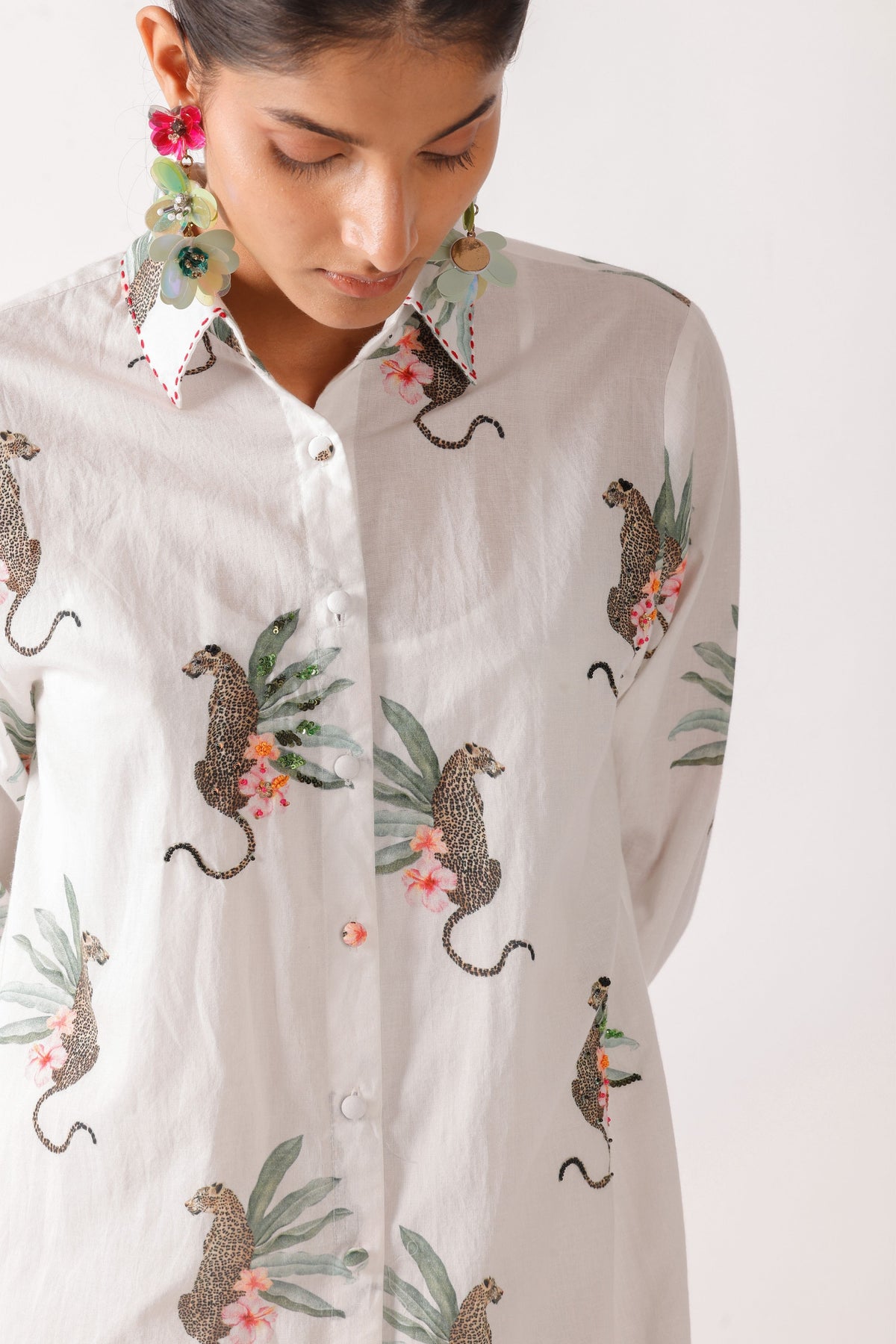 Embroidered Leopard Print Shirt Dress