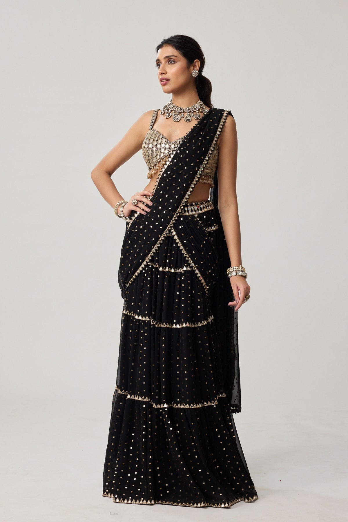 Black Multi-tier Saree Set