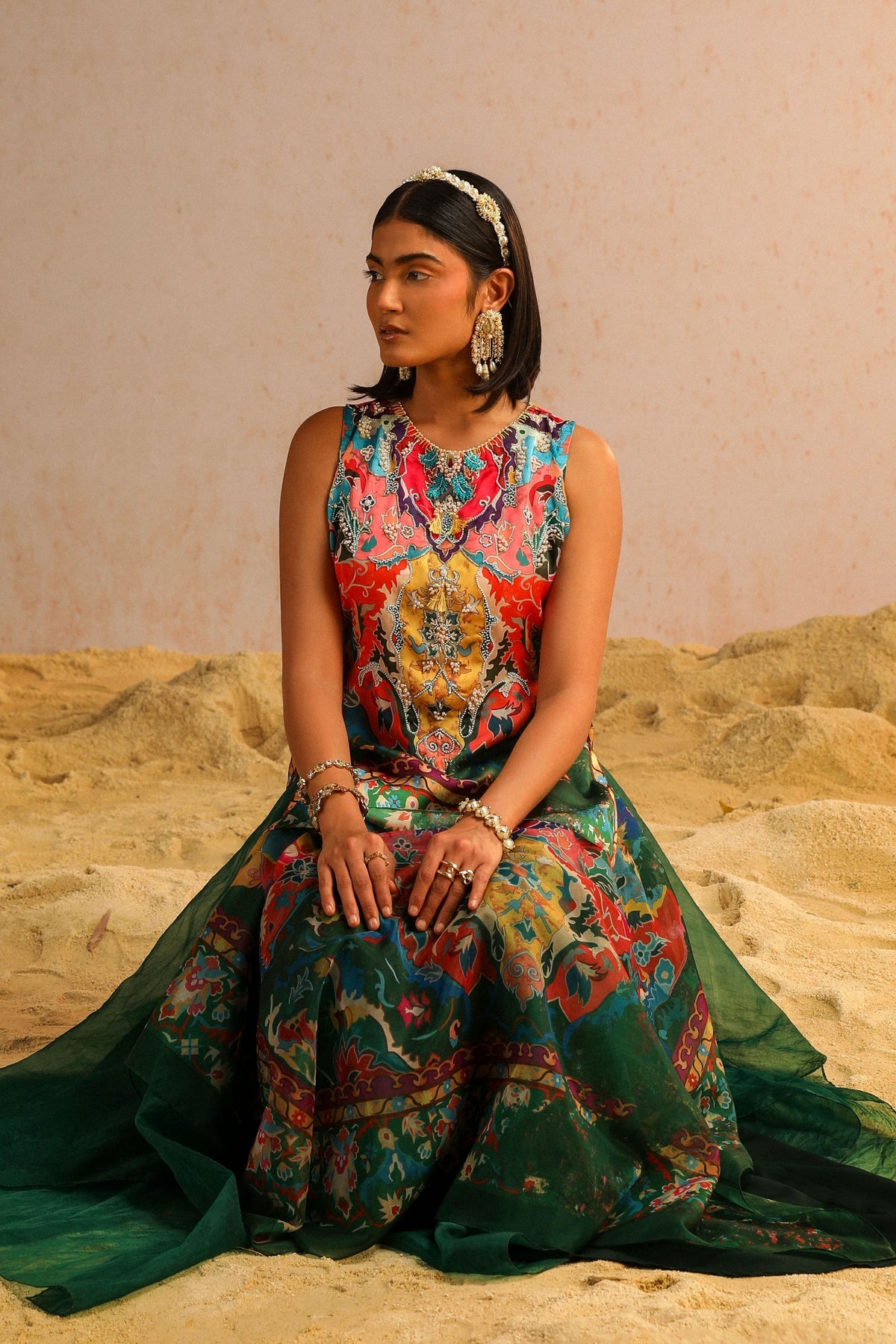 Green Kurti With Layered Skirt