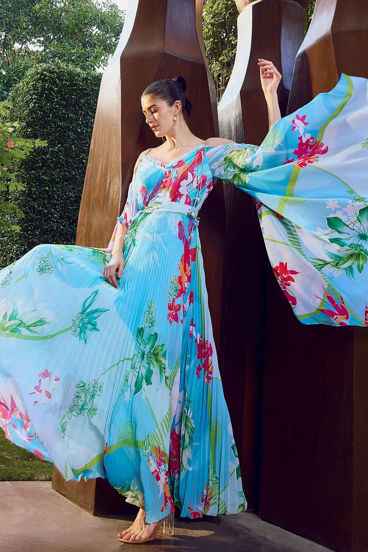 Deep V-neck Heat Pleat Maxi Dress