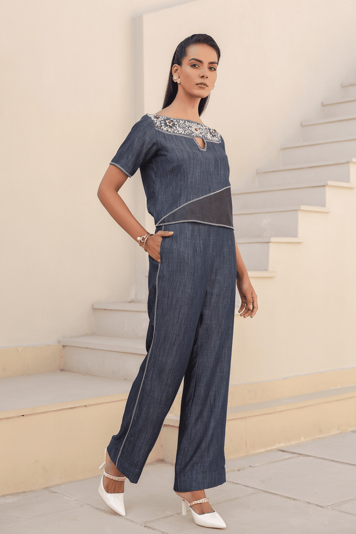 Azure Boat Neck Co-ord Set in Dark Blue