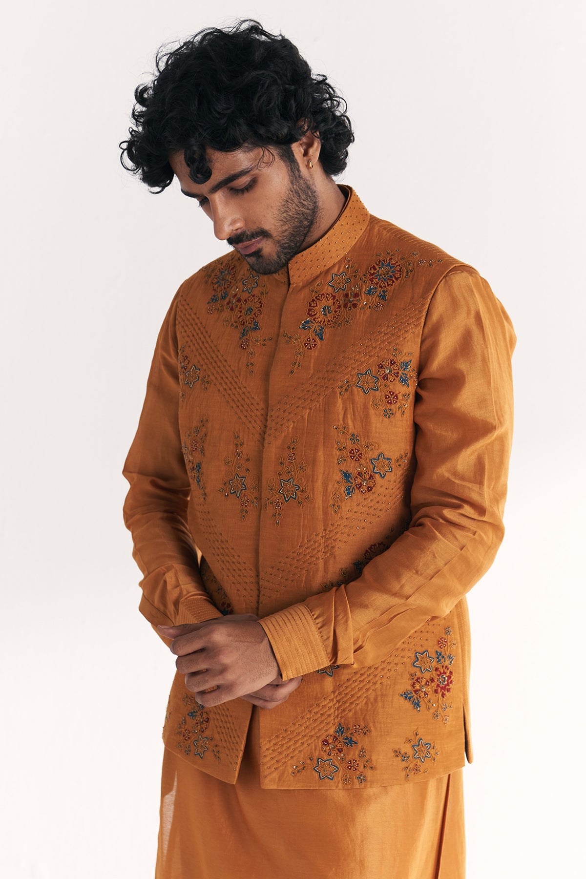 Mahwar Mustard Nehru Jacket Set