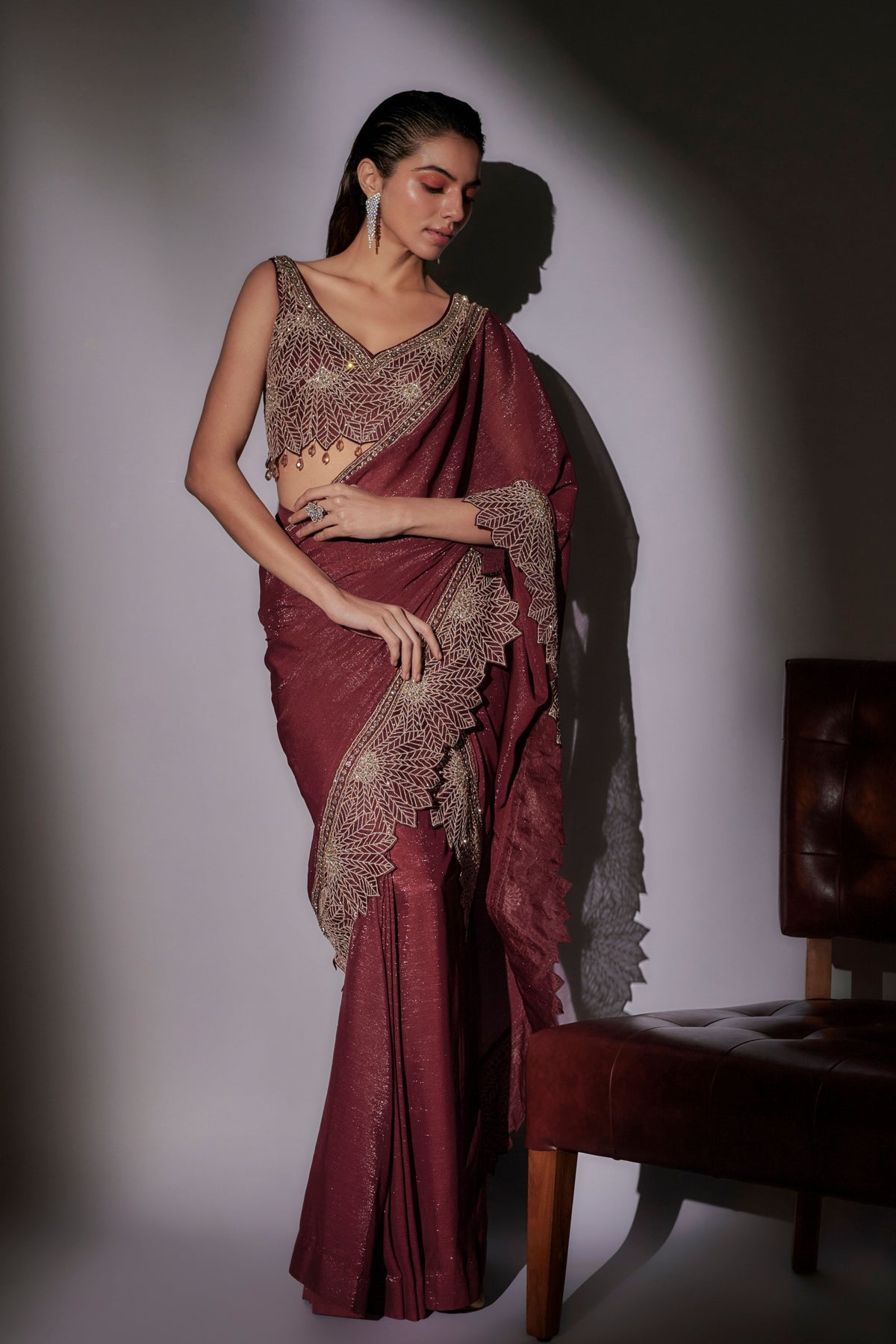 Heavy Leaf Pre-Draped Saree Set