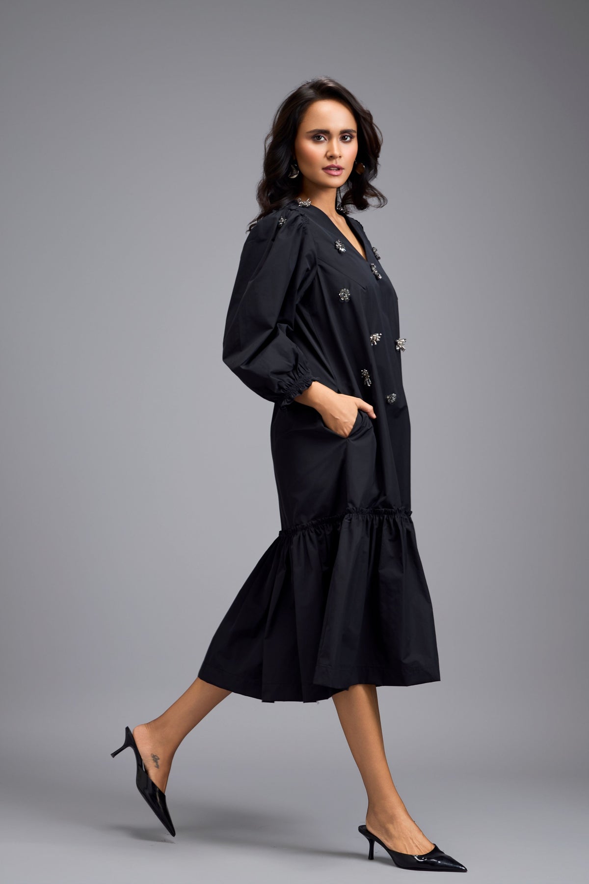 Long Gathered Embellished  Dress