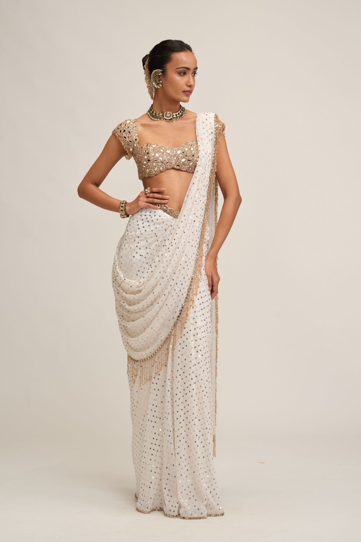 Off White Draped Saree Set