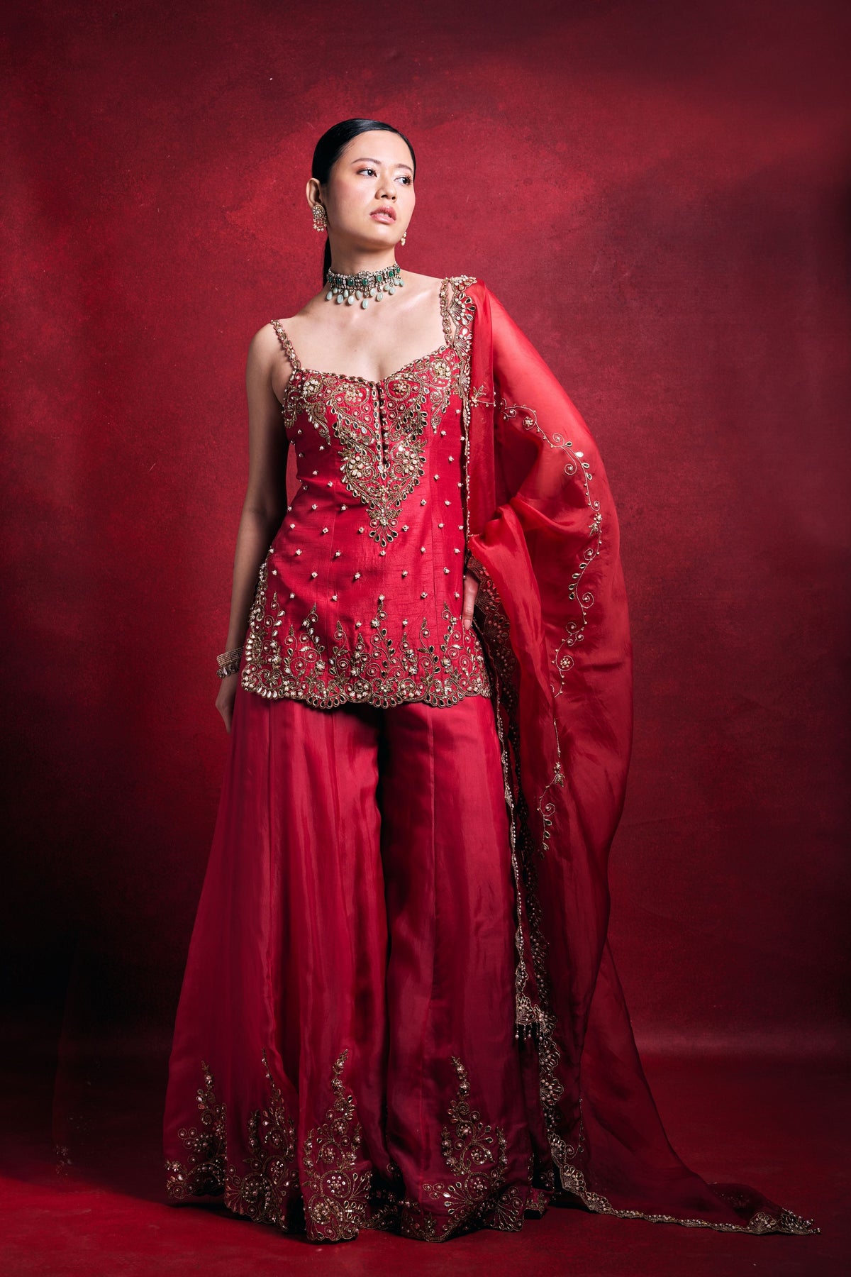 Red and Pink Sharara Set