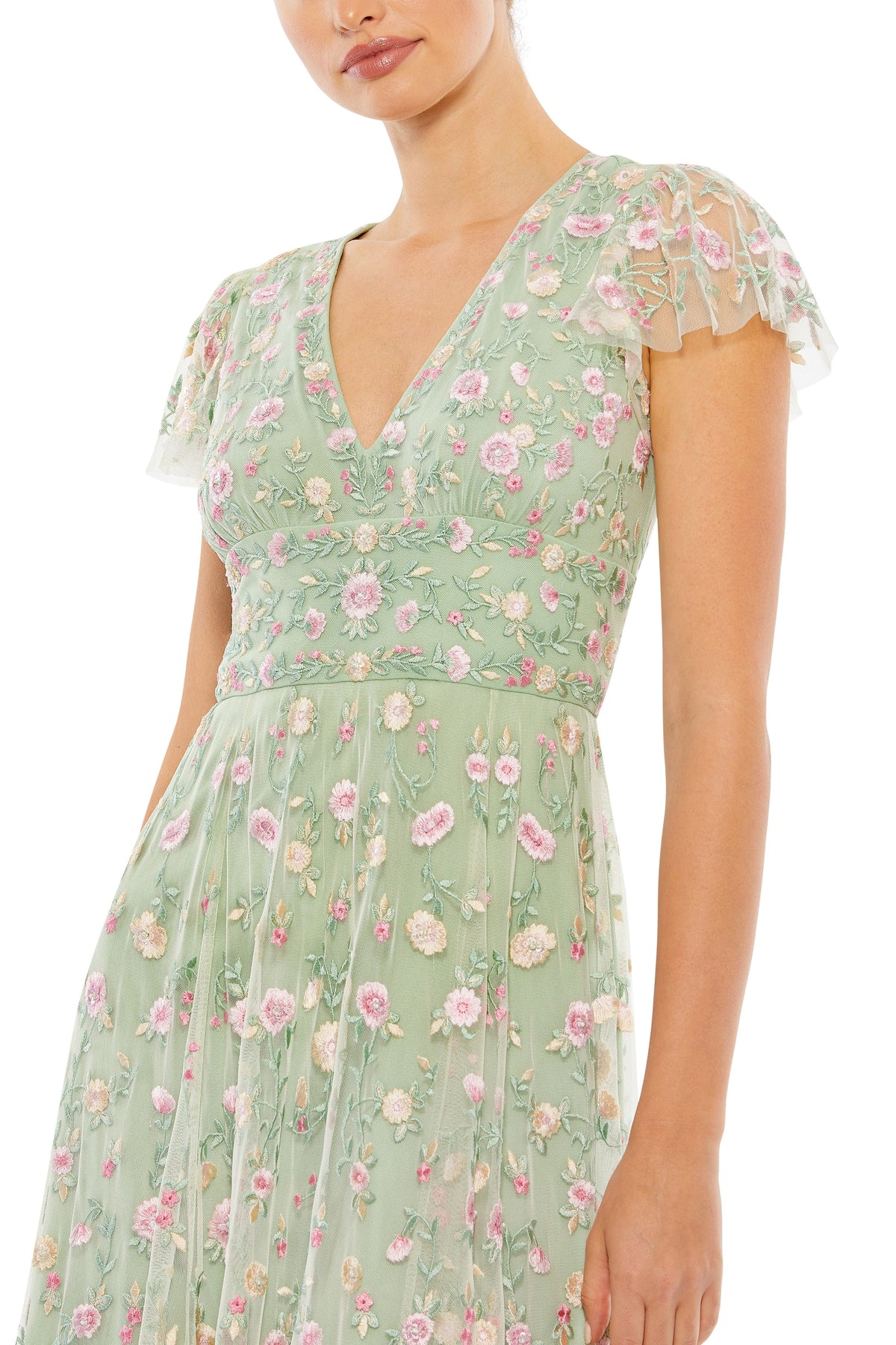 V Neck Short Ruffled Sage Dress